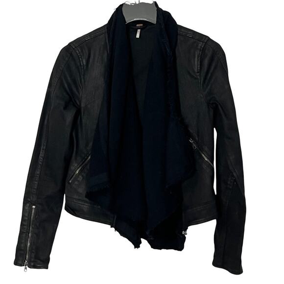 Free People Black Waxed Denim Drape Front Jacket - Picture 4 of 6